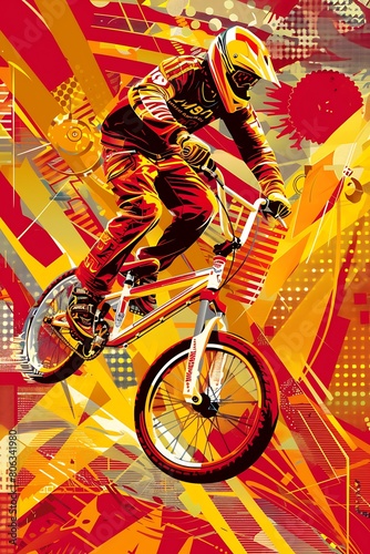 bmx bicycle biker on red yellow abstract city background, concept of extreme sport style, world bicycle day