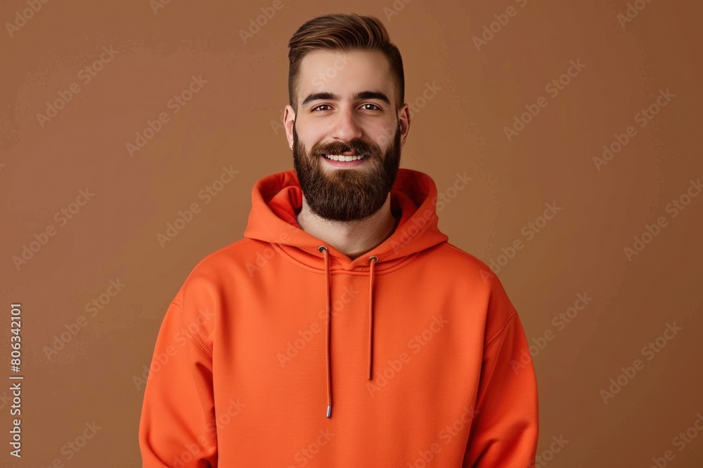 Photo of a smiling man in an orange hoodie, isolated on orange background.
