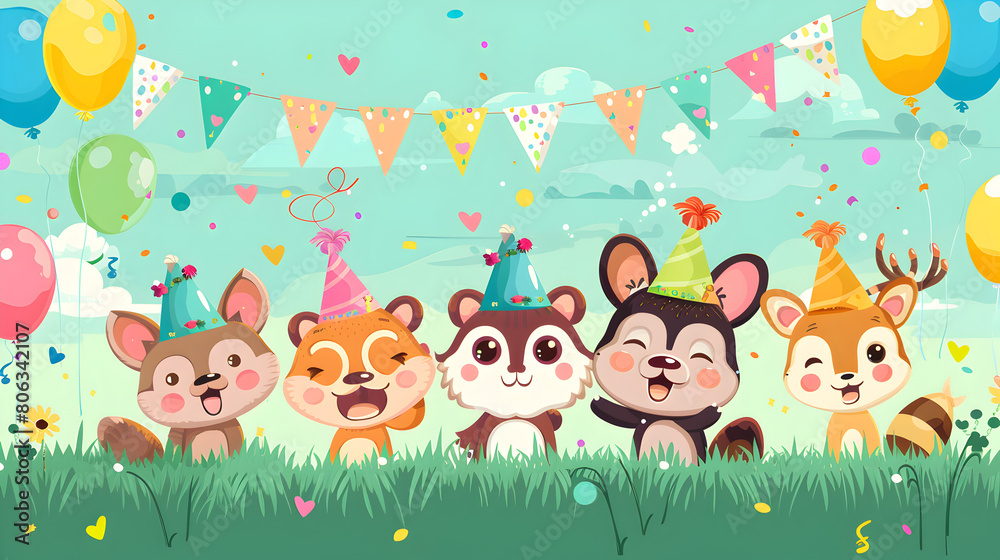 Naklejka premium Cute Animal Characters Celebrating a Party