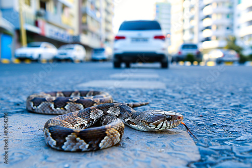 A snake in the city lies on the highway, cars can be seen moving away