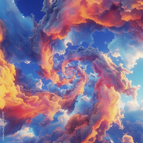 A swirling vortex of orange and yellow clouds against a blue sky.