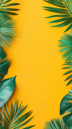 Summer background of Lush green tropical leaves contrast against a vibrant yellow backdrop