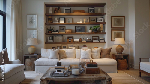 Wallpaper Mural An inviting living room with a focal point on a stylish wood floating shelf showcasing curated artwork and family mementos, set agnst a backdrop of muted tones and contemporary furnishings Torontodigital.ca