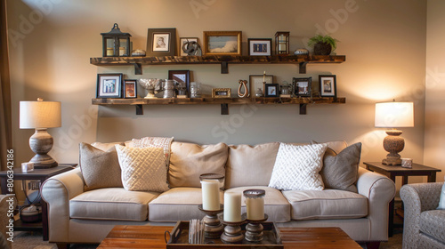 An inviting living room with a wood floating shelf serving as a focal point for displaying family photos and trinkets photo