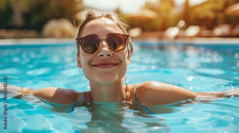 Summer background of A woman relaxing in a swimming pool, wearing sunglasses on a sunny day