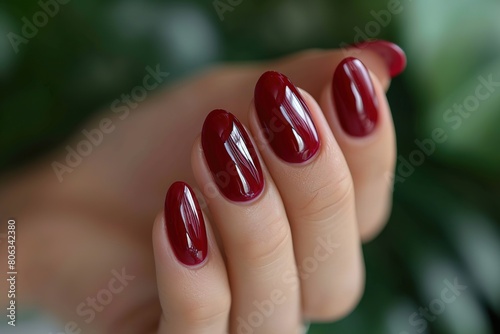 Burgundy golg cracle matte nail polish. Manicured nail with dark matte nail polish isolated on black. Manicure with dark nail polish. Golden nail art manicure photo