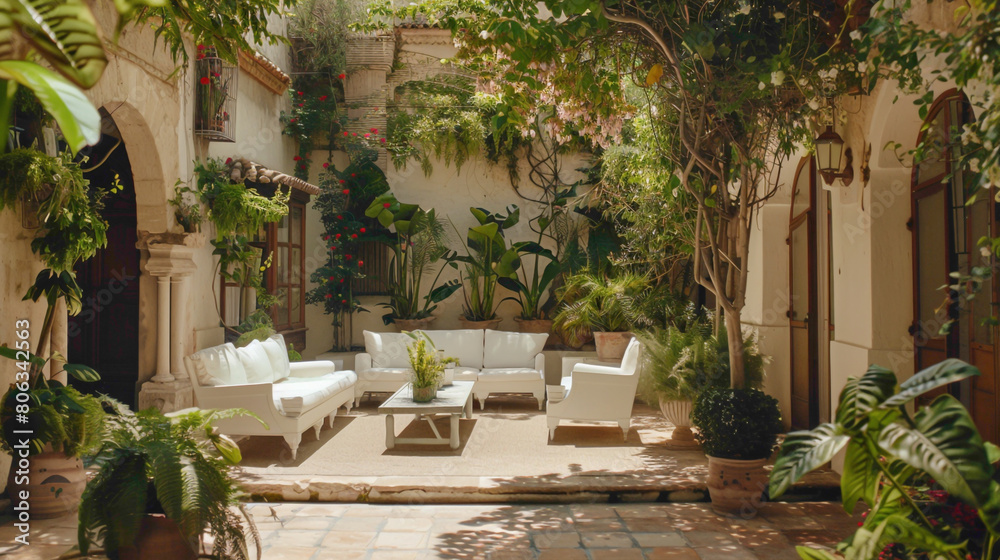Fototapeta premium An inviting outdoor patio with crisp white furniture nestled among lush potted plants and hanging vines, offering a tranquil escape in the midst of nature