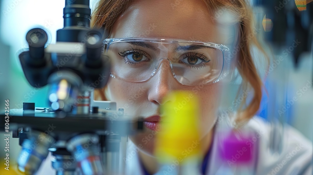 Scientist wearing safety glasses looks through a microscope in a laboratory. Scientist wearing safety glasses looks through a microscope in a laboratory.