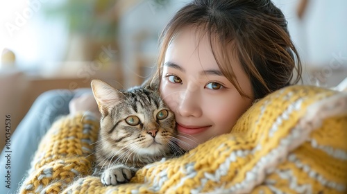 A young woman is sitting on a couch with her cat. She is smiling and looking at the cat. The cat is looking at her. They are both wrapped in a blanket. photo