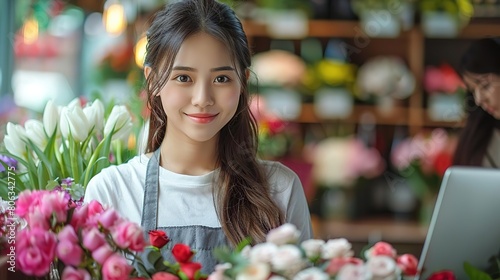 A young woman wearing an apron stands in a flower shop, smiling at the camera. She is surrounded by colorful flowers and plants.