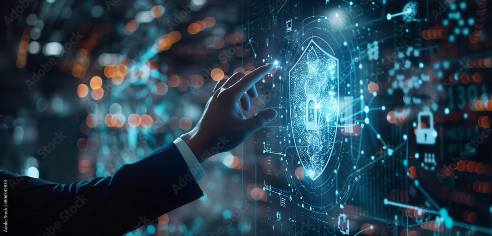 touching a digital virtual shield with a padlock icon on a hologram screen, representing the concept of data protection and cyber security technology touching a digital virtual shield with a padlock icon on a hologram screen, representing the concept of data protection and cyber security technology