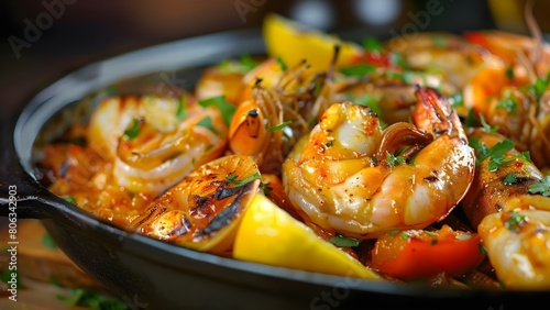 Grilled Spanish Seafood Dish: Aromatic Flavors and Visually Stunning Presentation. Concept Spanish Cuisine, Seafood, Grilling Techniques, Aromatic Flavors, Presentation Skills