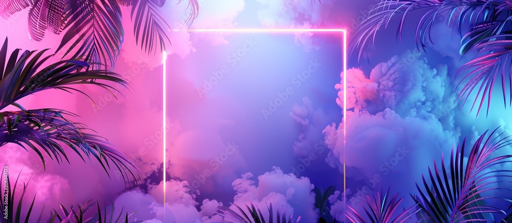 Rectangle neon frame on tropical palm leaves with colorful smoke. Neon art style background. Rectangle neon frame on tropical palm leaves with colorful smoke. Neon art style background.