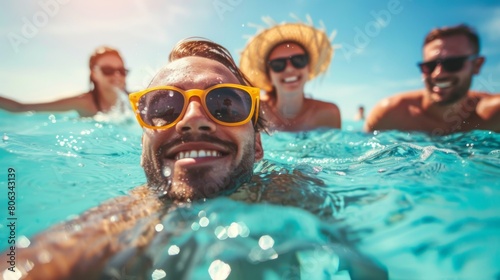 Summer background of Diverse group of individuals enjoying summer in water while wearing sunglasses