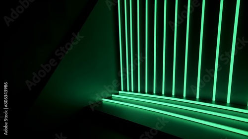 Glowing light green Neon Lights on a dark Background with Copy Space