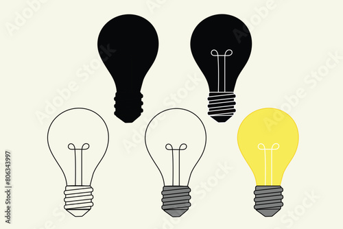 Lightbulb Vector Clipart Set Outline, Stamp Color Graphic Electricity Lit and Off Commercial Use
