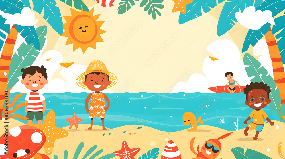 Joyful Children Playing at the Beach Illustration Joyful Children Playing at the Beach Illustration