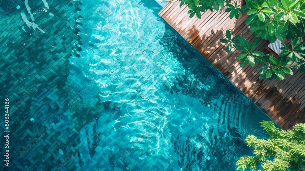 Summer background of A swimming pool glistens amidst lush green trees in a summer setting