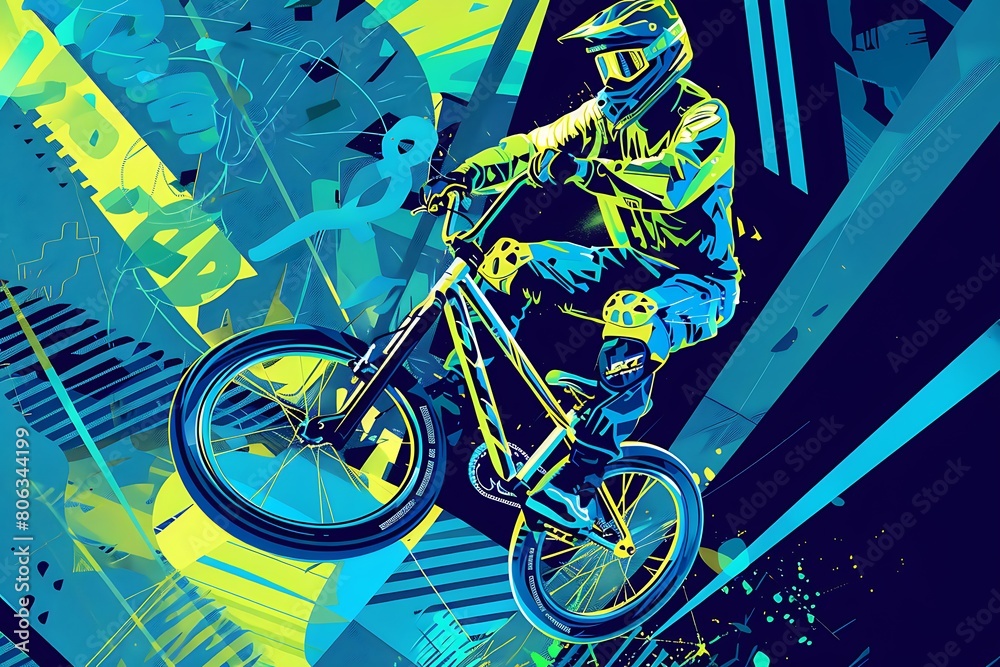 Fototapeta premium bmx bicycle biker on blue yellow abstract graphic background, concept of extreme sport style, world bicycle day