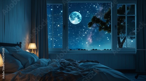 Cozy bedroom interior with full big moon outside wallpaper background