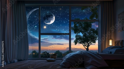 Cozy bedroom interior with full big moon outside wallpaper background