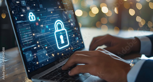 
Digital security concept, a businessman using a laptop with a virtual screen hologram of a crossed lock and shield icon for data protection in the style of business