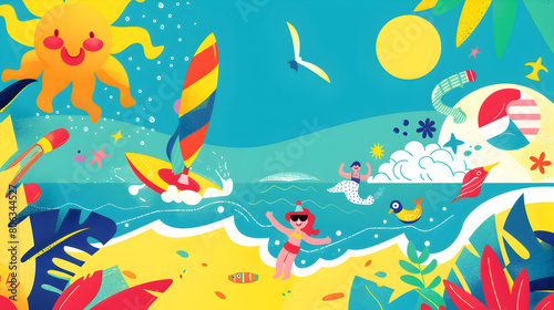 Colorful Beach Scene with Summer Activities Illustration