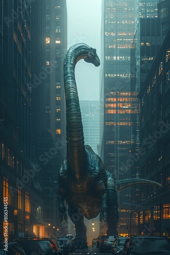 A Diplodocus stretches its neck between skyscrapers, peering into office windows, vividly rendered in a bustling financial district using Octane