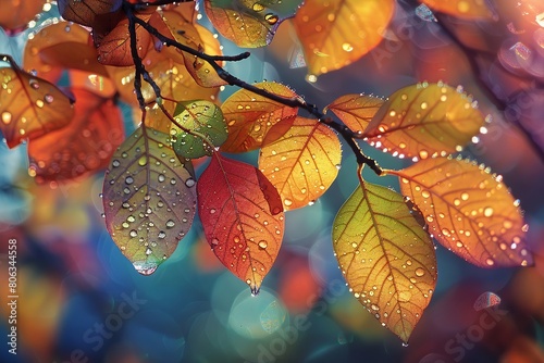 A dazzling display of rainbowcolored leaves and branches, each adorned with sparkling raindrops catching the morning light