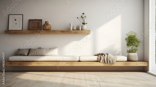 Embrace the serenity of a minimalist living room, featuring a wood floating shelf that adds warmth and character to the clean, uncluttered aesthetic of the space