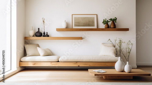 Embrace the serenity of a minimalist living room, featuring a wood floating shelf that adds warmth and character to the clean, uncluttered aesthetic of the space