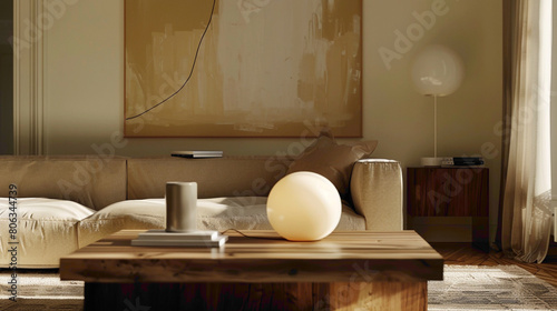 Enter a chic living room exuding modern flr A large mock-up poster graces one wall, while a wooden coffee table stands elegantly, featuring a fashionable ball lamp that casts a soft, inviting glow photo