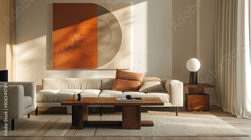 Enter a chic living room exuding modern flr A large mock-up poster graces one wall, while a wooden coffee table stands elegantly, featuring a fashionable ball lamp that casts a soft, inviting glow