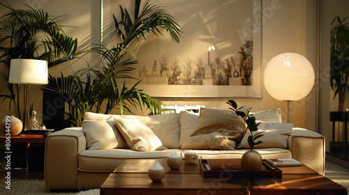 Enter a chic living room exuding modern flr A large mock-up poster graces one wall, while a wooden coffee table stands elegantly, featuring a fashionable ball lamp that casts a soft, inviting glow