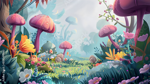 Vibrant illustration of an enchanted forest featuring oversized, colorful mushrooms, whimsical plants, and playful creatures.