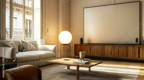 Enter a chic living room exuding modern flr A large mock-up poster graces one wall, while a wooden coffee table stands elegantly, featuring a fashionable ball lamp that casts a soft, inviting glow