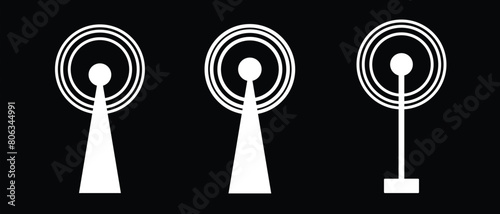 Radio tower / mast with radio waves for broadcast transmission line art vector icon for apps and websites, white radio tower design . Eps10.