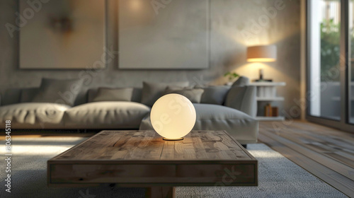 Enter a stylish living room where sophistication meets comfort A large mock-up poster serves as a focal point, while a wooden coffee table features a fashionable ball lamp, adding a touch of elegance 