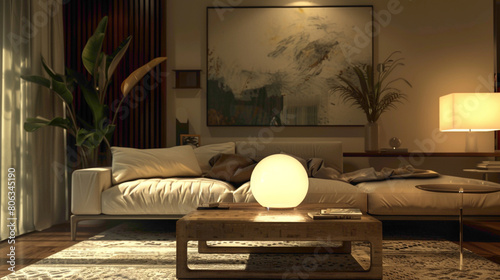 Experience the allure of a chic living room designed for relaxation and style A large mock-up poster hangs above a plush sofa, while a wooden coffee table features a fashionable ball lamp, casting a