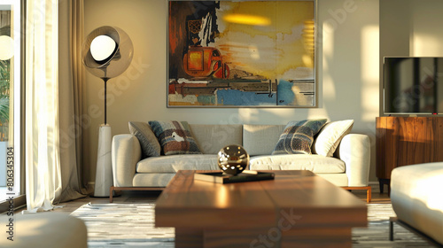 Experience the allure of a chic living room designed for relaxation and style A large mock-up poster hangs above a plush sofa, while a wooden coffee table features a fashionable ball lamp, casting a