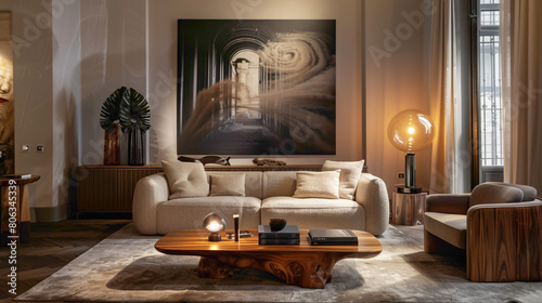 Experience the allure of a chic living room designed for relaxation and style A large mock-up poster hangs above a plush sofa, while a wooden coffee table features a fashionable ball lamp, casting a 