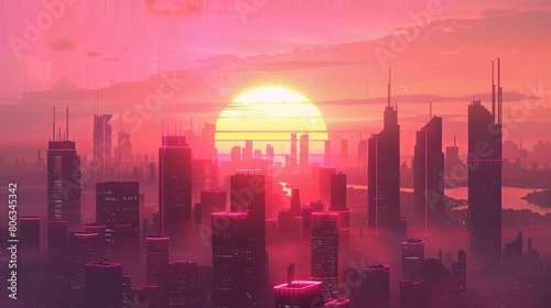 Futuristic city skyline cityscape buildings sunset wallpaper background