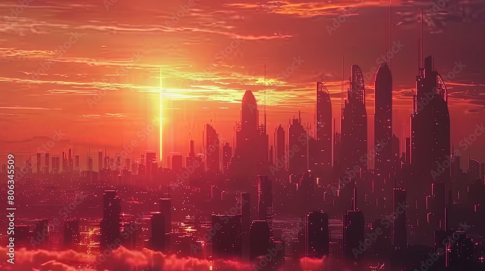 Futuristic city skyline cityscape buildings sunset wallpaper background