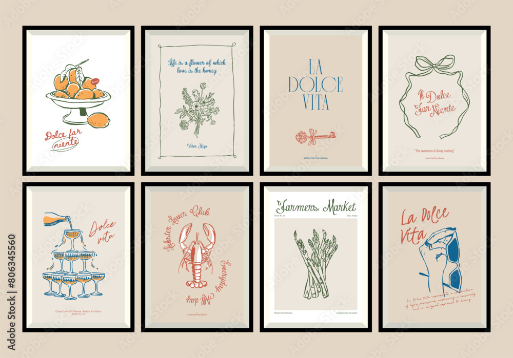 Minimal hand drawn vector dolce vita illustration with aesthetic quote in a poster frame. Matisse style illustrations. Minimal hand drawn vector dolce vita illustration with aesthetic quote in a poster frame. Matisse style illustrations.