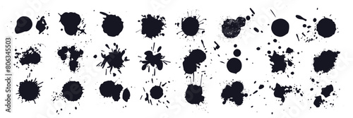 Black ink blots with drops. Different handdrawn spray design elements. Paint ink splatter  stains set. Splash of paints with drops.