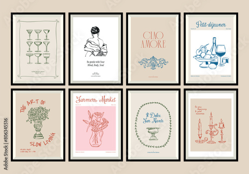 Minimal hand drawn vector dolce vita illustration collection with aesthetic quote in a poster frame. Matisse style illustrations.	