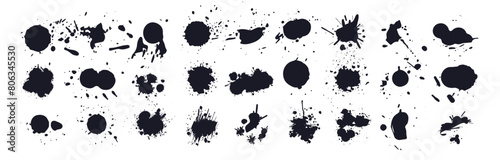 Ink drops and splashes. Blotter spots, liquid paint drip drop splash and ink splatter.  Different handdrawn spray design elements. Blobs and spatters photo