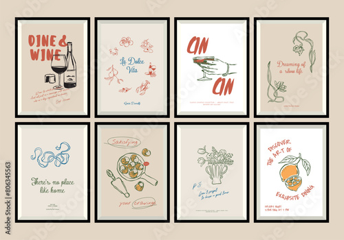 Minimal hand drawn vector dolce vita illustration set with aesthetic quote in a poster frame. Matisse style illustrations. 