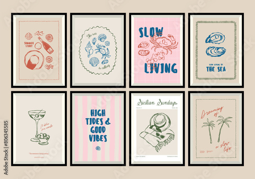 Minimal hand drawn vector dolce vita illustration set with aesthetic quote in a poster frame. Matisse style illustrations.	