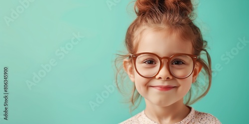 Cheerful Little Girl With Glasses on a  light mint background with copy space.